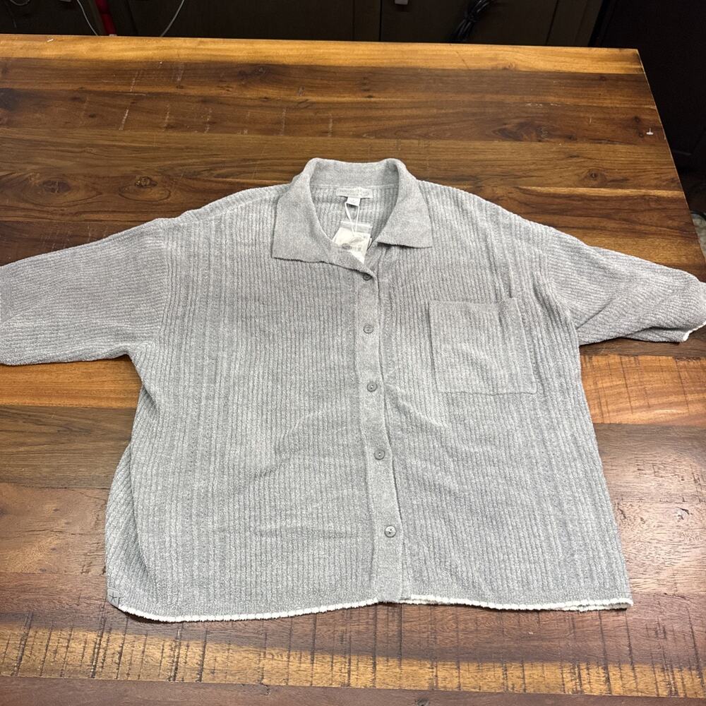 Barefoot Dreams Women's CozyChic Ultra Lite Button Down Short Sleeve Shirt NWT L